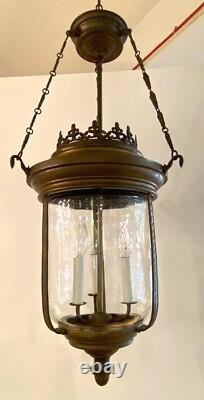 Large Vintage Patina Bronze Entry Chandelier Lantern W Hand Blown Glass Globe