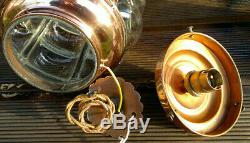 Large c1905 Antique Arts & Crafts Copper Hall Light Porch Lantern Blown Glass