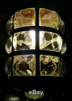 Large c1905 Antique Arts & Crafts Copper Hall Light Porch Lantern Blown Glass