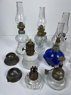 Lot of 16 Piece Antique Mini Oil Lamps Lanterns Glass Brass Clear Blue Hurricane