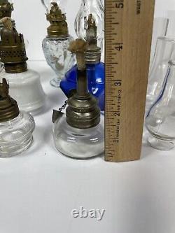 Lot of 16 Piece Antique Mini Oil Lamps Lanterns Glass Brass Clear Blue Hurricane
