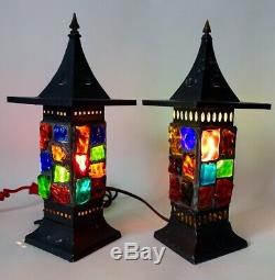 Lot of 2 Vtg Mid Century Modern Nader Chunky Slag Glass Tin Accent Lantern Lamps