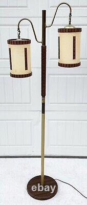 Mid Century Danish Modern Floor Lamp Vtg Double Teak Walnut Nubby Shades Light