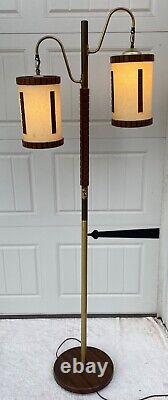 Mid Century Danish Modern Floor Lamp Vtg Double Teak Walnut Nubby Shades Light