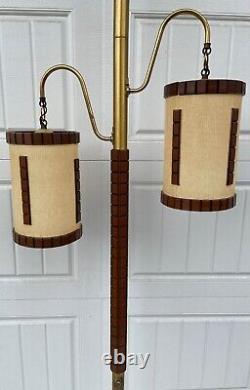 Mid Century Danish Modern Floor Lamp Vtg Double Teak Walnut Nubby Shades Light