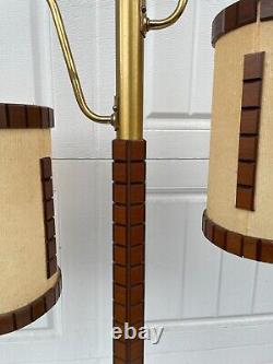 Mid Century Danish Modern Floor Lamp Vtg Double Teak Walnut Nubby Shades Light