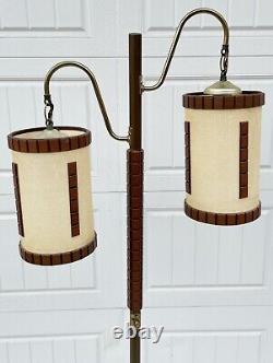 Mid Century Danish Modern Floor Lamp Vtg Double Teak Walnut Nubby Shades Light