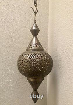 Moroccan Pierced Lantern LG Antique Brass Electric Hanging Lamp Jhula Chain OLD