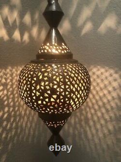 Moroccan Pierced Lantern LG Antique Brass Electric Hanging Lamp Jhula Chain OLD