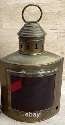Nautical ship lantern RED CURVED GLASS Brass Oil Hanging Antique
