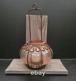 ORANGE GLASS & IRON PUMPKIN Rustic Lantern Antique/Vintage Fall Thanksgiving