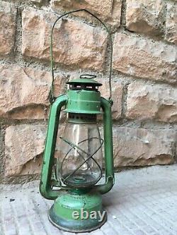 Old Vintage Rare Army Color Iron Kerosene Lamp Lantern With Original Glass Globe