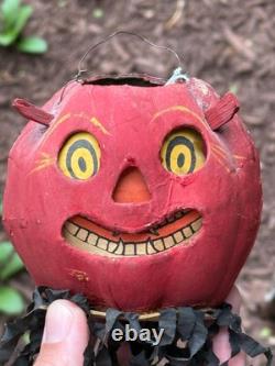 Original Halloween 3 Antique German Red Devil JOL Small Devil Lantern Streamer