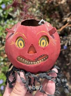 Original Halloween 3 Antique German Red Devil JOL Small Devil Lantern Streamer