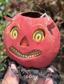 Original Halloween 3 Antique German Red Devil JOL Small Devil Lantern Streamer