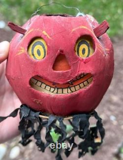 Original Halloween 3 Antique German Red Devil JOL Small Devil Lantern Streamer