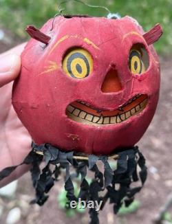 Original Halloween 3 Antique German Red Devil JOL Small Devil Lantern Streamer