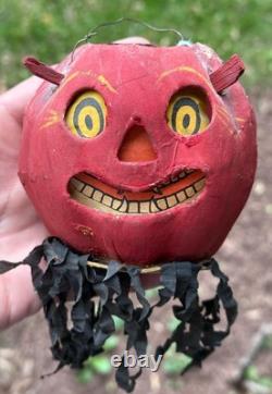 Original Halloween 3 Antique German Red Devil JOL Small Devil Lantern Streamer