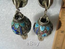 Original Vintage Chinese Silver Filigree Enamel Pink Tourmaline Lantern Earrings