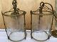 PAIR VINTAGE ANTIQUE BRASS CEILING HANGING LANTERN LAMPS LIGHTS GLASS SHADES Vgc