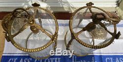 PAIR VINTAGE ANTIQUE BRASS CEILING HANGING LANTERN LAMPS LIGHTS GLASS SHADES Vgc