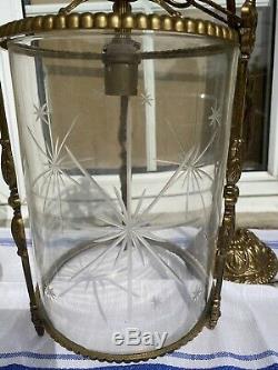 PAIR VINTAGE ANTIQUE BRASS CEILING HANGING LANTERN LAMPS LIGHTS GLASS SHADES Vgc