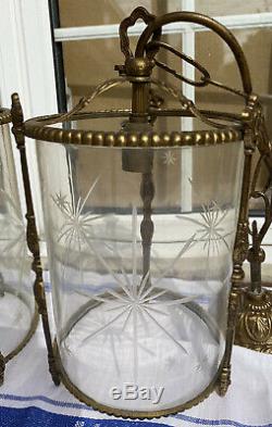 PAIR VINTAGE ANTIQUE BRASS CEILING HANGING LANTERN LAMPS LIGHTS GLASS SHADES Vgc