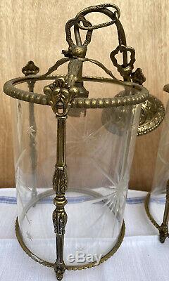 PAIR VINTAGE ANTIQUE BRASS CEILING HANGING LANTERN LAMPS LIGHTS GLASS SHADES Vgc