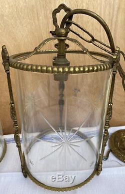 PAIR VINTAGE ANTIQUE BRASS CEILING HANGING LANTERN LAMPS LIGHTS GLASS SHADES Vgc