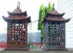 Pair Antique Cast Iron Japanese Pagoda Outdoor Garden Hanging Candle Lanterns