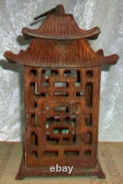 Pair Antique Cast Iron Japanese Pagoda Outdoor Garden Hanging Candle Lanterns