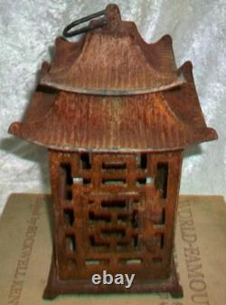 Pair Antique Cast Iron Japanese Pagoda Outdoor Garden Hanging Candle Lanterns