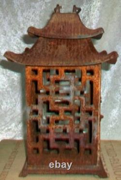 Pair Antique Cast Iron Japanese Pagoda Outdoor Garden Hanging Candle Lanterns