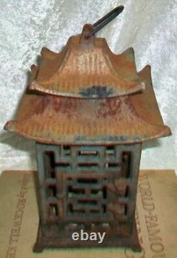 Pair Antique Cast Iron Japanese Pagoda Outdoor Garden Hanging Candle Lanterns