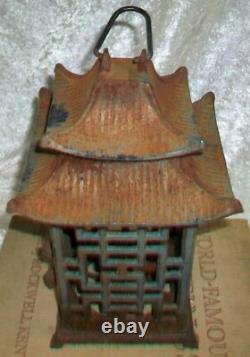 Pair Antique Cast Iron Japanese Pagoda Outdoor Garden Hanging Candle Lanterns