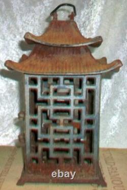 Pair Antique Cast Iron Japanese Pagoda Outdoor Garden Hanging Candle Lanterns