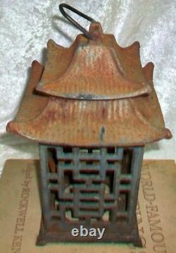 Pair Antique Cast Iron Japanese Pagoda Outdoor Garden Hanging Candle Lanterns