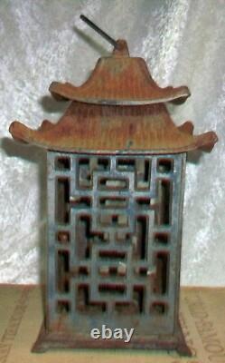Pair Antique Cast Iron Japanese Pagoda Outdoor Garden Hanging Candle Lanterns