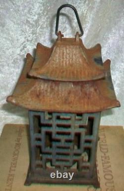 Pair Antique Cast Iron Japanese Pagoda Outdoor Garden Hanging Candle Lanterns