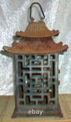 Pair Antique Cast Iron Japanese Pagoda Outdoor Garden Hanging Candle Lanterns