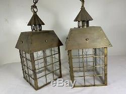 Pair Lightoiler Antique Brass Hanging Arts Crafts lantern light vintage mission