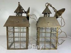 Pair Lightoiler Antique Brass Hanging Arts Crafts lantern light vintage mission