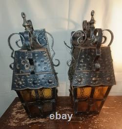 Pair Mid Century Large Italian Wall Lanterns, Sconces, with Amber Glass