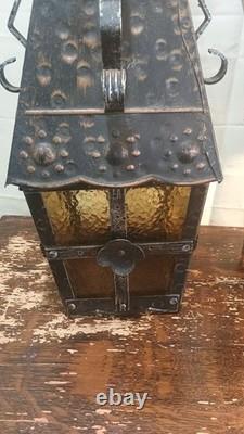 Pair Mid Century Large Italian Wall Lanterns, Sconces, with Amber Glass