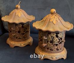 Pair Of Cast Iron Japanese Temple Lanterns With Gold Highlights