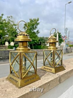 Pair Of Vintage Brass Hanging Oil Lamps Lantern Ships Storm Lights Antique Style