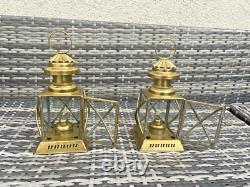 Pair Of Vintage Brass Hanging Oil Lamps Lantern Ships Storm Lights Antique Style