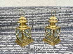 Pair Of Vintage Brass Hanging Oil Lamps Lantern Ships Storm Lights Antique Style