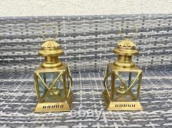 Pair Of Vintage Brass Hanging Oil Lamps Lantern Ships Storm Lights Antique Style