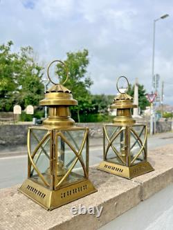 Pair Of Vintage Brass Hanging Oil Lamps Lantern Ships Storm Lights Antique Style